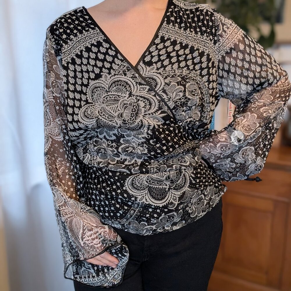 Lane Bryant - 100% silk blouse, faux-wrap, silk lined - black paisley - 18/20